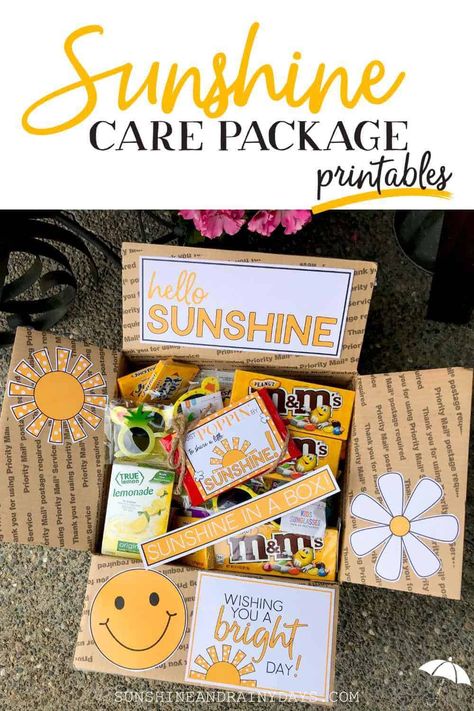 Teacher Gift Box Ideas, Sunshine Box Ideas, Basket Of Sunshine, College Gift Boxes, Care Package Decorating, Sunshine Care Package, Sunshine Box, Diy Care Package, Sunshine Committee