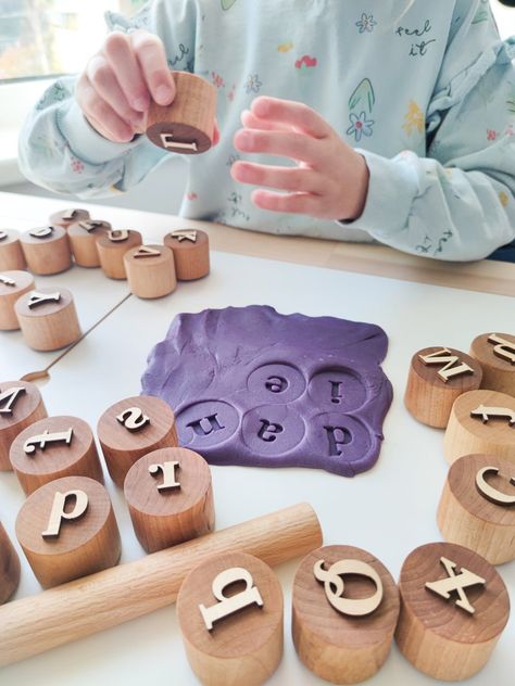 Wooden Alphabet Play Dough Stampers. Double-sided Letter - Etsy Play Dough Toys, Wooden Educational Toys Montessori, Montessori Alphabet Activities, Laser Wood Projects, Laser Cut Toys, Wood Crafts For Kids, Handmade Toys For Kids, Wooden Kids Toys, Diy Wooden Toys