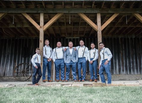 Rustic barn wedding, Pennsylvania #rustic #barn #navy #suspenders #glasses #groomsmen #groom #brown #bullet #boutonnières #dustyblue #dusty #blue #bestman #wedding #april #2019 Dusty Blue Groomsmen Attire Jeans, Groomsmen Jeans, Blue Groomsmen Attire, Wedding Suspenders Groomsmen, Groomsmen Attire Navy, Navy Blue Groomsmen, Blue Groomsmen, Groomsmen Suspenders, Wedding April