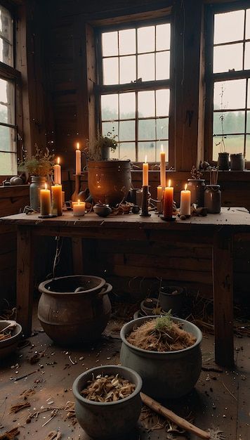 Witchs Altar in an Abandoned Barn Spell Books Herbs and a Bubbling Cauldron | Premium AI-generated image Witches Cottage In The Woods, Forest Witch House, Witch Altar Aesthetic, Forest Witch Aesthetic, Witch Cabin, Witchy Party, Forest Hotel, Witch Hut, Witches Cottage