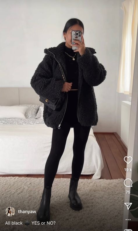 Black Fluffy Jacket Outfit, Fluffy Jacket Outfit, Thanya W, Black Fluffy Jacket, Fluffy Jacket, Cold Outfits, Yes Or No, Black Jacket, Jacket Outfits