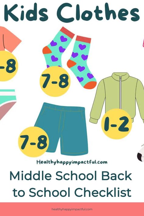 Middle School Back to School Checklist with illustrations of clothes and their sizes Back To School Shopping List, Riddles Kids, School Shopping List, October School, Back To School Breakfast, Back To School Checklist, School Checklist, Back To School Organization, School Supplies List