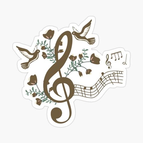 Treble Clef with floating music notes,birds,blooming flowers and leaves surrounding it. #redbubble #stickers #laptop #printable #musiclovers #trebleclef #instruments #sound #melody #rock #band #birds #leaves #flowers #nature #trendy Treble Clef Aesthetic, Scrapbook Stickers Printable Music, Rock Stickers Printable, Music Printable Stickers, Music Stickers Printable, Laptop Printable, Pin Prints, Music Notebook, Note Sticker