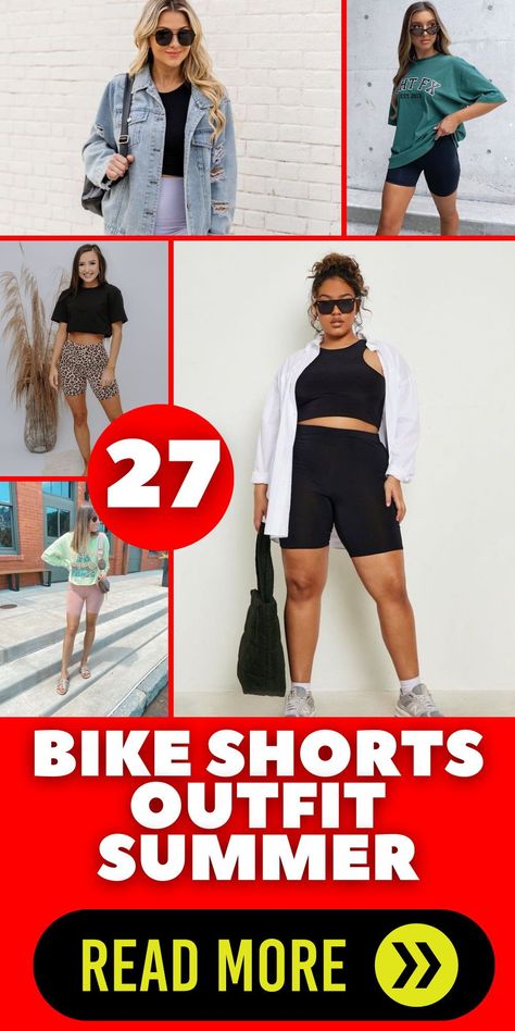 Show off your summer style with a trendy bike shorts outfit summer! Whether you're heading to a festival or hitting the gym, bike shorts are a versatile and stylish choice. Pair them with a graphic tee and sneakers for a casual vibe, or dress them up with a bodysuit and heels for a night out. With options for all sizes and colors, these outfits are sure to make a statement! Styling Bike Shorts, Black Bike Shorts Outfit Summer, Bike Shorts Outfit Casual, How To Style Biker Shorts Summer, Bike Shorts Outfit Summer Casual, Biking Shorts Outfit, Bike Riding Outfits, Bike Shorts Outfit Summer, City Summer Outfits