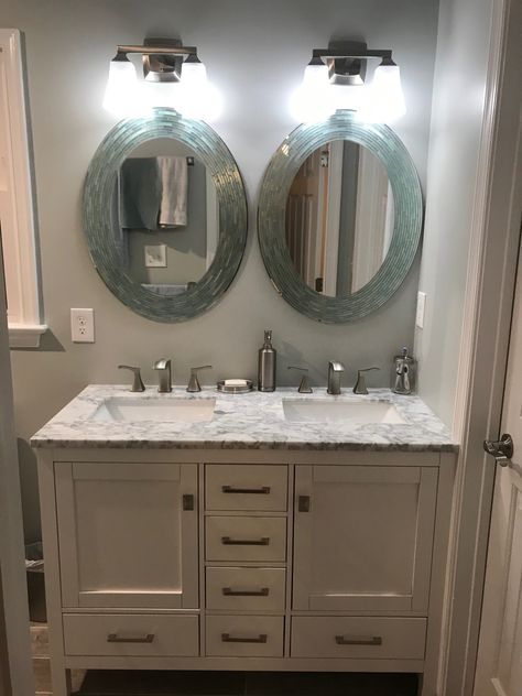 Double Sink Vanity In Small Bathroom, Small Bathroom Remodel Two Sinks, Small 2 Sink Vanity, Bathrooms Sink Ideas, Double Sink For Small Bathroom, Small Bathroom Double Sink Ideas, Smaller Double Sink Vanity, Double Vanity In Small Bathroom, Small Double Bathroom Sink