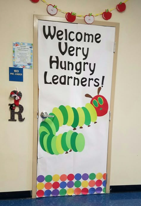 very hungry caterpillar door The Very Hungry Caterpillar Classroom Door, The Very Hungry Caterpillar Door Decor, The Hungry Caterpillar Bulletin Board, Caterpillar Door Decorations Classroom, Very Hungry Caterpillar Door Decoration, Very Hungry Caterpillar Preschool Theme, Eric Carl’s Classroom Theme, Back To School Prek Bulletin Boards, The Very Hungry Caterpillar Class Theme