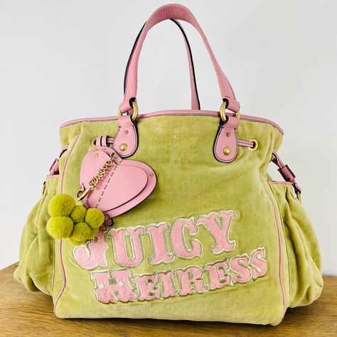 Vintage Y2K Original Juicy Couture Handbag, Lime Green and pink with gold charm Tote bag Juicy Couture Bag Vintage, Y2k Bags, Juicy Couture Handbags, Bag Interior, Juicy Couture Bags, Green And Pink, Vintage Y2k, Cute Bags, Safety Pin