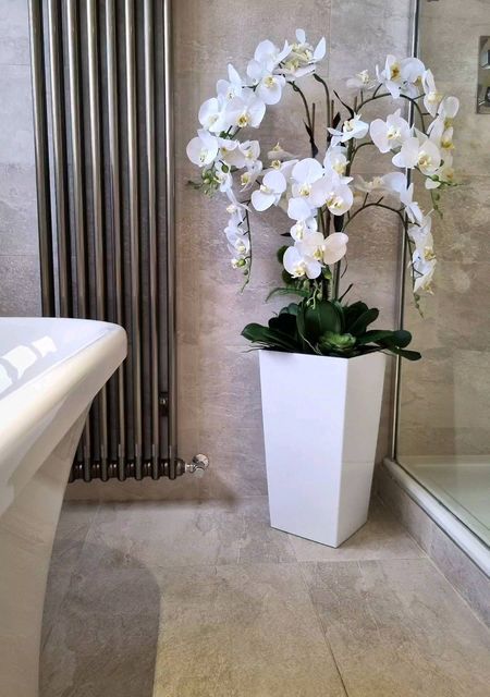 Floor Vase Arrangement, Orchid In Pot, Tall Vase Decor, Floor Vase Decor, Faux Orchid, Orchid Flower Arrangements, Tall Floor Vases, Artificial Floral Arrangements, Artificial Orchids