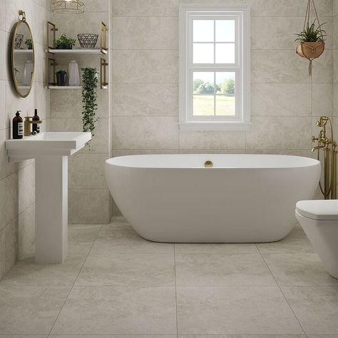 Simple, yet elegant stone effect Titanium adds a serene ambience to any space. The porcelain modern matt finish creates an effortlessly chic style, suitable for both wall and floor. Mix and match Titanium Ivory 30x60 rectangular tiles on your wall with Titanium Graphite floor tiles for a contrasting aesthetic to your bathroom. Available in three muted coordinating shades; Ivory, Silver and Graphite. Tile Giant, Natural Stone Tile Bathroom, Contemporary Bathroom Inspiration, Stone Tile Bathroom, Modular Bathrooms, Loft Bathroom, Stone Bathroom, Bathroom Design Inspiration, Bathroom Inspiration Decor