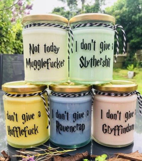 These Harry Potter candles are rude and made for adults only, and they're so wrong, they're right. Cricut Candle Ideas, Harry Potter Homemade Gifts, Cricut Harry Potter Projects, Cricut Candle Projects, Inappropriate Candles, Cool Candle Ideas, Harry Potter Crafts Adults, Harry Potter Gift Ideas Diy, Harry Potter Cricut Projects