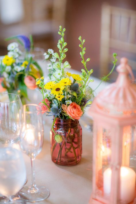 Emily Robinson, Wildflower Centerpieces, Colorful Sunflower, Country Bouquet, Sunflower Themed Wedding, Jar Centerpieces, Bridal Shower Flowers, Wedding Floral Centerpieces, Bridal Shower Diy