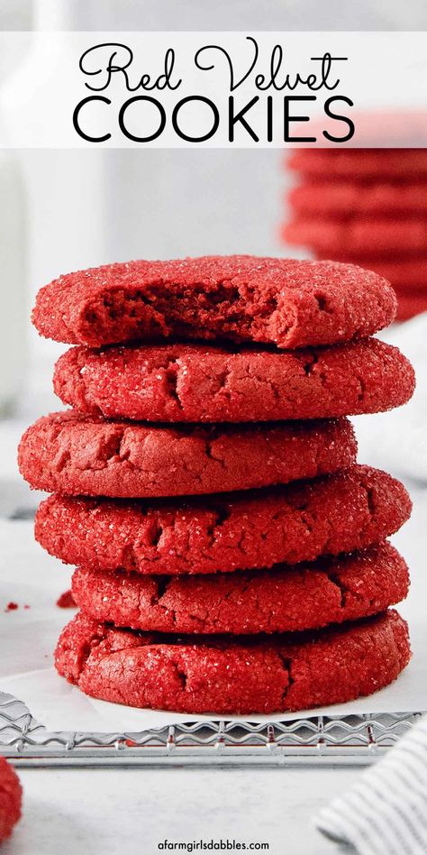 Pinterest image featuring a stack of red velvet sugar cookies Desserts Red Velvet, Velvet Cookies Recipe, Red Velvet Cookies Recipe, Red Velvet Sugar Cookies, Velvet Sugar Cookies, Red Velvet Cookie Recipe, Soft Cookie Recipe, Cookie Recipes From Scratch, Velvet Cookies