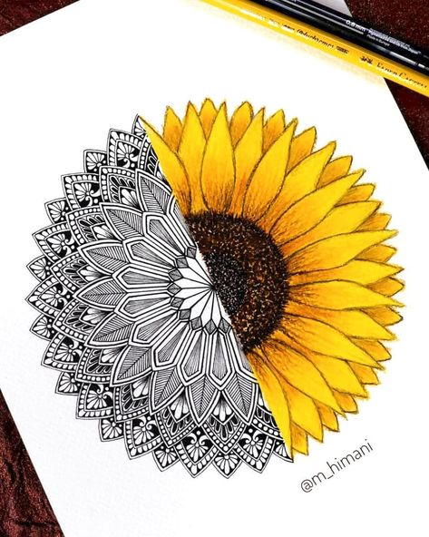 ⁣My entry for the #dtiysmandalas⠀ ⠀ Floral and half mandala⠀ ⠀ I had been seeing sunflowers everywhere from last few days.⠀ Hence I decided… Nature Mandala Drawing, Sunflower Mandala Drawing, Half Mandala Drawing, Mandala Drawing Easy, Nature Design Art, Drawing Easy Step By Step, Half Mandala, Drawing Mandala, Sunflower Mandala