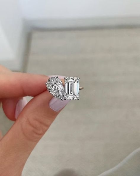 Wedding Rings Emerald Cut, Two Stone Ring, Pear Cut Engagement Rings, Pear Ring, Emerald Cut Rings, Pear Engagement Ring, Etsy Wedding Rings, Dream Engagement Rings, Moissanite Wedding Rings