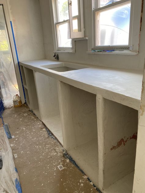 Blanco Bungalow Concrete Kitchen Remodel - Week Five — Blanco Bungalow Concrete Cabinets Kitchen, Spanish Bungalow Kitchen, Concrete Kitchen Cabinets, Concrete Kitchen Ideas, Brick Kitchen Ideas, Concrete Kitchens, Concrete Cabinets, Cement Kitchen, Spa House