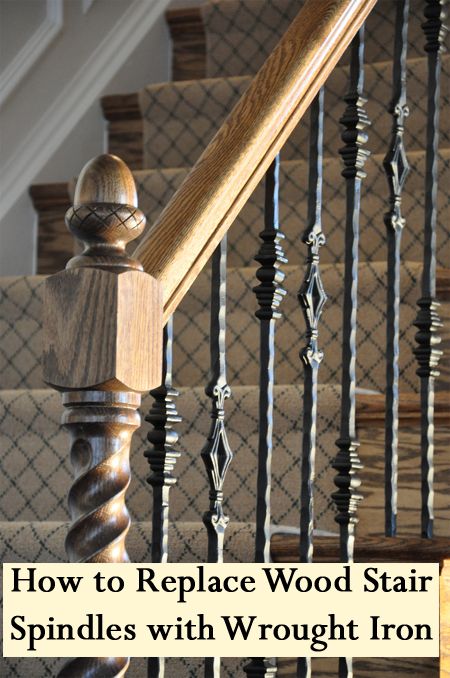 Upgrading your basic wood stair spindles, which are also called balusters, will give your home a more custom look.  See the steps below for how to replace your wood stair spindles with wrought iron. Stair Railing Makeover, Stair Rails, Wrought Iron Stair Railing, Stair Spindles, Wrought Iron Staircase, Handrail Design, Iron Stair Railing, Iron Staircase, Wrought Iron Stairs