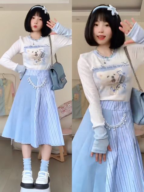 Bubble Outfit, Fairy Kei Style Ruffled Skirt For Summer, Kawaii Summer Outfits, Fairy Kei Style Mini Dress For Summer, Pastel Aesthetic Outfit, Harajuku Outfit, Blue Harajuku Summer Dress, Spring Fairy Kei Dress With Puff Sleeves, Blue Harajuku Dress With Ruffles