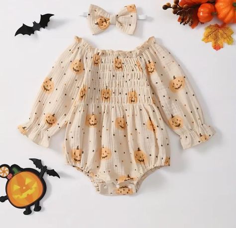 Be the cutest little pumpkin this Halloween with our limited edition pumpkin romper and hair bow hand. long sleeves and soft shirted Cotten keeps baby warm and looking their best in the sweetest little outfit for this autumn/fall! These are MADE to ORDER. so please allow 2 weeks for arrival! The dress is suitable for infants and toddlers aged 0-18 months months and comes in a range of sizes. Outfit is finished in a a beige/apricot colour. It features a button closure and a romper style dress len Baby Pumpkin Outfit, Fall Baby Outfits, Apricot Colour, Long Sleeved Bodysuit, Halloween Romper, Pumpkin Outfit, Fall Baby Clothes, Bow Hairband