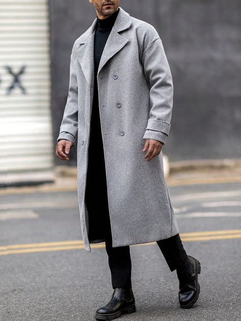 Men's Solid Color Lapel Double Breasted Long Sleeve Long Wool Coat For Daily Commuter, Autumn & Winter Light Grey Casual  Wrist-Length Sleeve Woven Fabric Plain Regular Non-Stretch  Men Clothing, size features are:Bust: ,Length: ,Sleeve Length: Gray Coat Outfit Men, Long Grey Coat Outfit, Grey Coat Outfit, Long Grey Coat, Long Coat Men, Trench Coat Outfit, Grey Trench Coat, Long Wool Coat, Men Formal