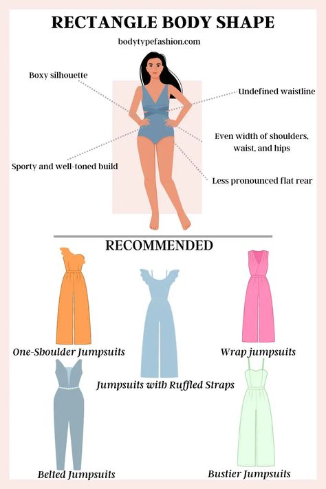 The Best Jumpsuit Guide for the Rectangle Body Shape - Fashion for Your Body Type Rectangle Body Shape Neckline, Rectangular Body Shape Outfits Style, Outfits For Rectangle Body Shape, How To Dress For Your Body Type, Unique Body Features, Rectangle Body Shape Fashion, Body Type Clothes, Rectangle Body Shape Outfits, Female Body Shapes