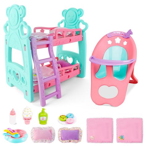 PRICES MAY VARY. deAO Baby Doll Set:My First Baby Doll' Miniature Play Set is perfect for a little one who loves to take care of others.Set includes high chair for dolls, double doll bed, doll pillow*2, doll comforter*2, toy ice cream*1, toy donut x3, doll cutlery*4, doll bottle*1, bath toy*1 Doll Furniture - Fits Dolls Under 14 inches:These doll furniture is a great addition to any child's playroom.The bunk bed features a sturdy design, with a ladder for dolls to climb and down.A doll high chai Baby Doll Stuff, My First Baby Doll, Baby Doll Crib, Baby Doll Furniture, Doll High Chair, Baby Doll Set, Toddler Girl Toys, Baby Doll Nursery, Twin Dolls