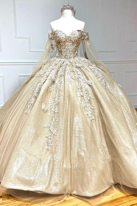 White Gold Quinceanera Dresses, White And Gold Quinceanera Dresses, Ball Gown With Cape, Gold Quince Dress, Gold Ballgown, Dress With Cloak, Gold Ball Gown, Gown With Cape, Quinceanera Dresses Gold