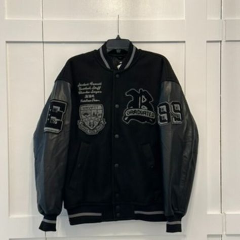 New Unisex H&M Black High School Varsity Bomber Jacket Size Medium Leather Sleeves, H&m Jackets, Leather Sleeve, Black Faux Leather, Varsity Jacket, High School, Bomber Jacket, H&m, Jackets & Coats