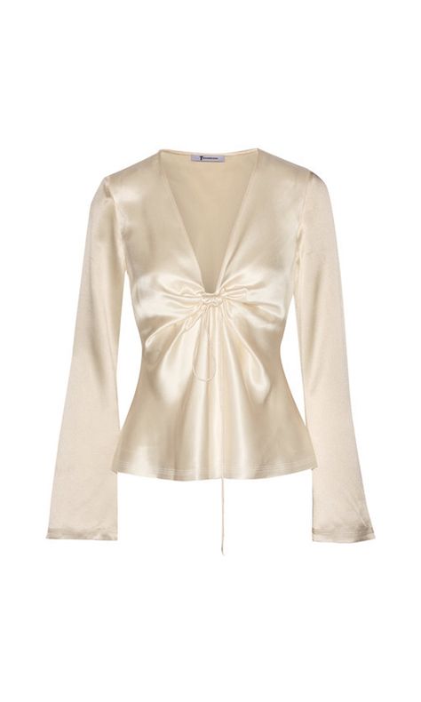 T BY ALEXANDER WANG - KNOTTED HAMMERED SILK-SATIN BLOUSE - CREAM Satin Blouse Shirts, Mode Zara, Mode Chanel, Mode Ootd, Satin Blouse, Satin Top, Mode Inspo, Cotton Blouse, Mode Inspiration