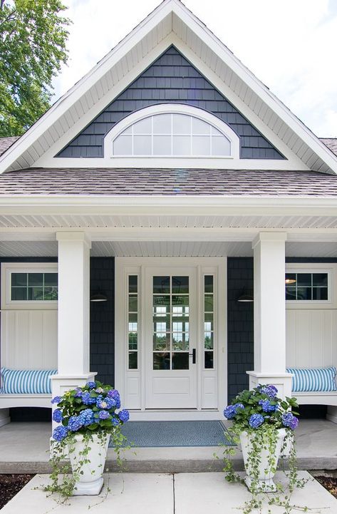 Lilly Pad Cottage House, The Lily Pad Cottage, Lake House Front Porch Ideas, Coastal Ranch House Exterior, Nantucket Cottage Interiors, Long Front Porch, Pool House Bathroom, Lilypad Cottage, Hydrangea Potted