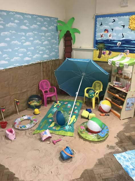 Ocean Role Play Area, Beach Theme Dramatic Play, Seaside Role Play Eyfs, Role Play Activities For Preschool, Beach Theme Dramatic Play Preschool, Beach Role Play Eyfs, Beach Eyfs Activities, Summer Dramatic Play Ideas, Beach Dramatic Play Preschool