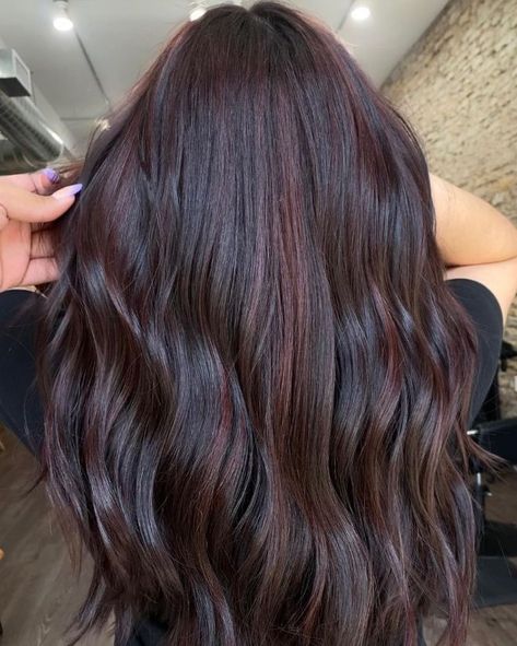 Dark Hair Color Ideas With Red Undertones, Dark Red Hair Color For Brunettes, Cherry Black Balayage, Chocolate Cherry Balayage Dark Brown, Cherry Coke Color, Midnight Cherry Hair Color, Chocolate Cherry Highlights On Black Hair, Black Cherry Coke Hair Color, Cherry Wood Hair Color