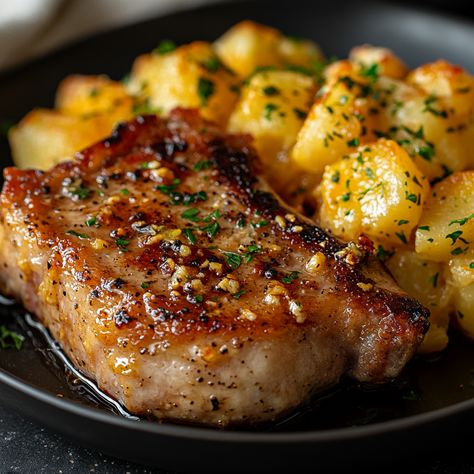 When it comes to comfort food, few meals rival the satisfying combination of Garlic Butter Pork Chops paired with ... Read more Thick Pork Chop Recipe, Breakfast Pork Chops, Garlic Butter Pork Chops, Butter Pork Chops, Cheesy Potato Bake, Best Pork Chop Recipe, Pork Chop Casserole, Complete Meals, Parmesan Pork Chops