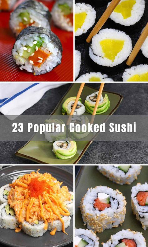 Popular Sushi Rolls, Homemade Cooked Sushi Rolls, Cooked Sushi Rolls Recipe, What To Put In Sushi, Cooked Salmon Sushi Rolls, Sushi At Home Recipes, At Home Sushi Recipes, Sushi Rolls Homemade, Easy Sushi Rolls At Home