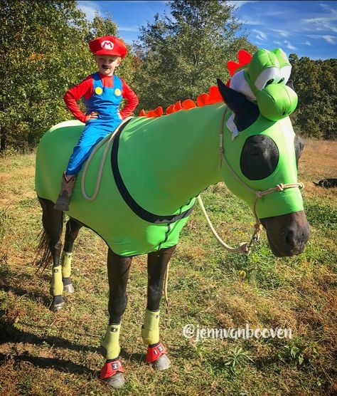 MARIO and Yoshi Halloween costume Winnie The Pooh Horse Costume, Grinch Horse Costume, Mario Horse Costume, Horse Rider Costume Ideas, Halloween Horse Costume Ideas, Costume For Horses And Rider, Halloween Costumes With Horses, Horse And Rider Halloween Costumes, Halloween Costumes For Horses And Rider