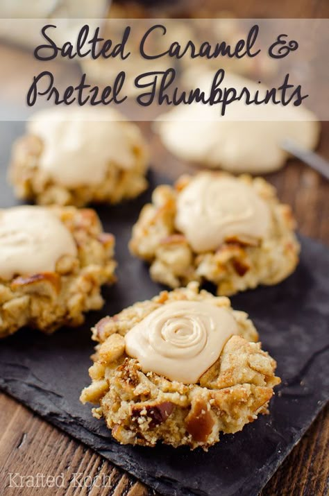 Salted Caramel Pretzel Thumbprint Cookies are a fantastic cookie recipe that will impress your guests with a dense, but moist cookie rolled in crunchy pretzels and topped with rich salted caramel frosting! Thumbprint Cookies Christmas, Cookies Thumbprint, Dessert Nachos, Salted Caramel Pretzels, Salted Caramel Frosting, Thumbprint Cookies Recipe, Caramel Pretzels, Cookie Table, Caramel Frosting