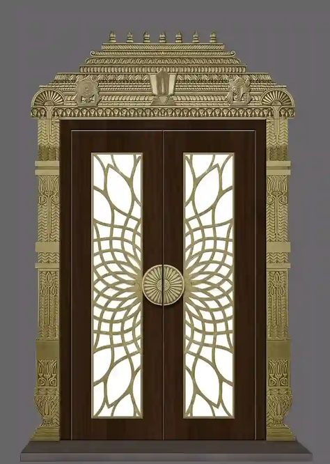 Pooja Doors - Unique Brass Pooja Room Door Designs Main Doors With Brass Design, Brass Main Door Designs, Brass Pooja Room Door, Pooja Door Glass Design, Pooja Room Glass Door Design Modern, Pooja Room Double Door Design Modern, Latest Pooja Room Door Designs, Pooja Room Door Design Traditional, Pooja Room Glass Door Designs