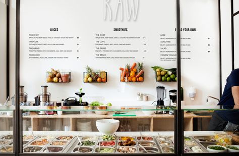 The juicing trend has leaked into Canada where "RAW" has taking their place  in the market with their local and organic beverages. Creperia Ideas, Salad Bar Restaurants, Juice Bar Interior, Juice Cafe, Salad Shop, Juice Bar Design, Smoothie Shop, Health Bar, Retail Interior Design