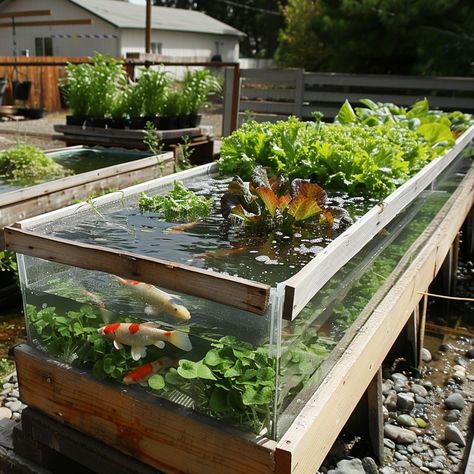 Aquaponics Aesthetic, Fish Hydroponic Gardening, Backyard Fish Farm, Raised Fish Pond, Hydroponic Gardening With Fish, Cool Gardens, Aquaponics System Design, Hydroponic Aquarium, Micro Homesteading