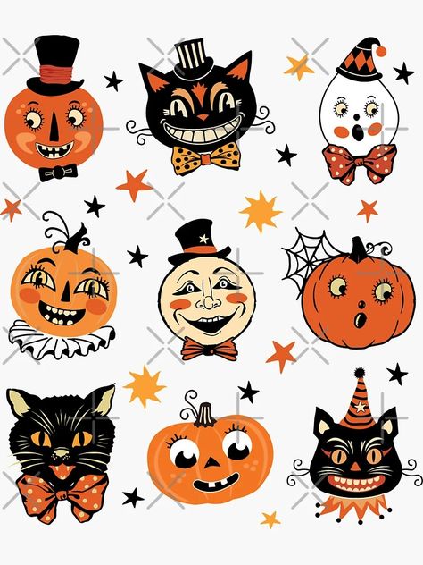 "Vintage Halloween Folk Art Retro Pumpkins and Cats Pattern" Sticker for Sale by PUFFYP | Redbubble Vintage Halloween Aesthetic Decor, Halloween Vintage Aesthetic, Vintage Halloween Decorations Diy, Retro Halloween Decorations, Halloween Canvas Paintings, Vintage Halloween Party, Vintage Halloween Art, Victorian Illustration, Pumpkin Drawing