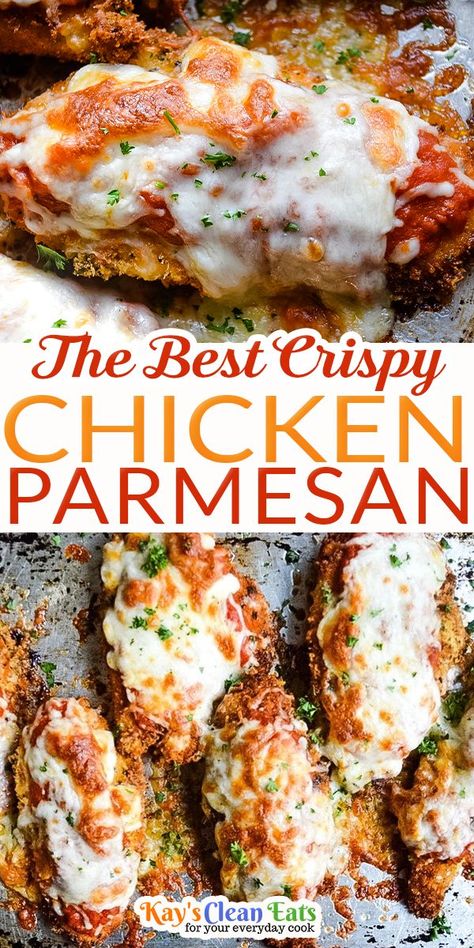 This Crispy Chicken Parmesan is the best! It is so crispy and covered in marinara sauce and melty mozzerla cheese. This chicken parmesan is pan-fried then oven-baked for seriously the best chicken parmesan! It never comes out soggy and truly is so delicious. Did you know that this is one of the most order chicken dishes in the world?! Rightfully so it always hits the spot and the kids also love it. My family loves this dish... | @kayscleaneats Baked Chicken Marinara, Crispy Chicken Parmesan Recipe, Crispy Chicken Parmesan, Best Chicken Parmesan, Chicken Parmesan Recipe Easy, Chicken Parmesan Recipe Baked, Chicken Cutlet Recipes, Oven Baked Chicken Parmesan, Chicken Breast Recipes Baked