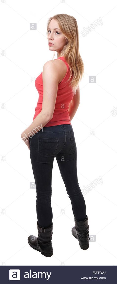 Download this stock image: woman looking over shoulder - EGTG2J from Alamy's library of millions of high resolution stock photos, illustrations and vectors. Pose Reference Looking Over Shoulder, Person Looking Over Shoulder, Person Looking Over Shoulder Reference, Over Shoulder Reference, Looking Over Shoulder Reference, Woman Looking Over Shoulder, Over The Shoulder Pose, Shoulder Reference, Shoulder Pose