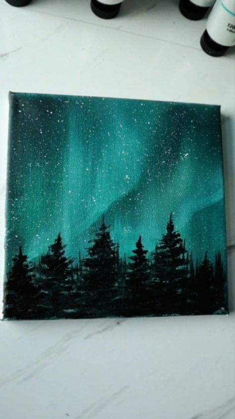 Xmas Paintings On Canvas, Northern Lights Painting Easy, Northern Lights Canvas Painting, Aurora Borealis Painting, Northern Lights Canvas, Lights Painting, Northern Lights Art, Aurora Sky, Northern Lights Painting