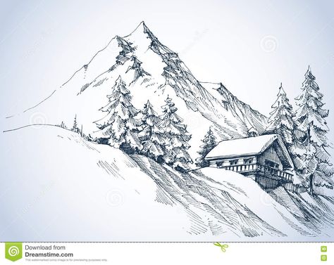 Illustration about Winter landscape in the mountains. A cabin in the snow and beautiful nature surroundings. Illustration of mountain, outdoors, relax - 79258853 Cabin In The Snow, Mountain Sketch, Landscape Pencil Drawings, Winter Drawings, Pencil Drawing Images, Mountain Drawing, Landscape Tattoo, Nature Sketch, Landscape Sketch