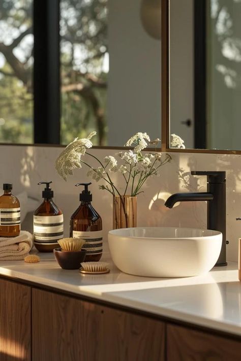 How To Style Bathroom Counter: Organized Beauty Bathroom Counter Styling, Bathroom Counter Organization Ideas, Dark Counters, Bathroom Counter Organization, Bathroom Counter Decor, Bathroom Sink Decor, Counter Organization, Counter Top Accessories, Industrial Minimalist