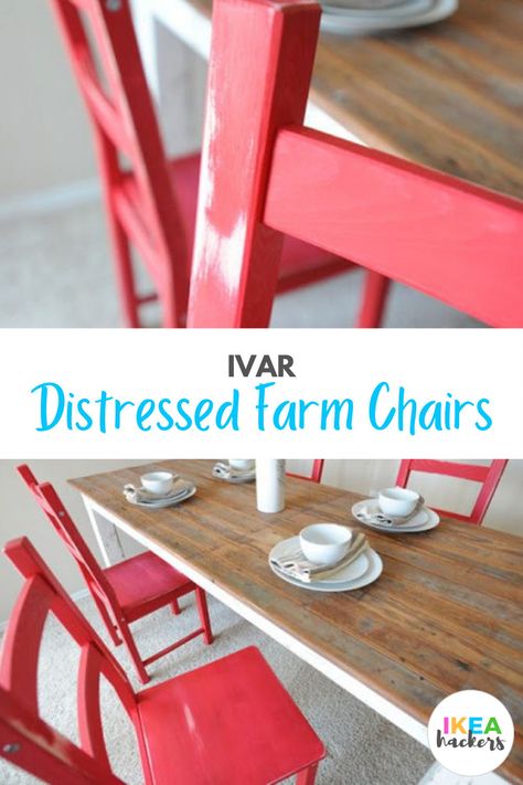 I recently acquired a farm table (the one shown in the photos) and needed some chairs to match. I couldn’t find any I liked, so I decided to make my own using IKEA IVAR chairs made from pine wood. Here are the steps I used to distress each chair. IKEA IVAR Distressed Farm Chairs - IKEA Hackers Ivar Chair, Easy Diy Home Projects, Ikea Finds, Ikea Ideas, Ikea Ivar, Easy Ikea Hack, Diy Ikea Hacks, Ikea Hackers, Home Decor Hacks