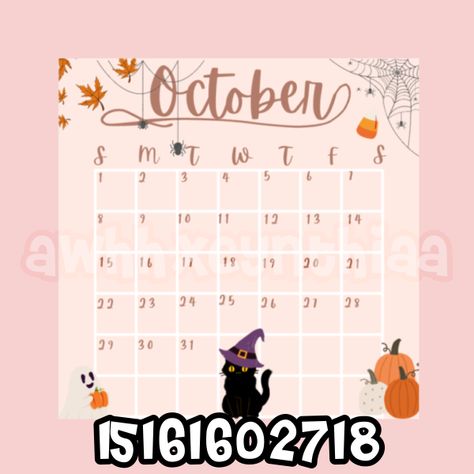 made by me (tiktok: awhhxcynthiaa) reupload WITH credit code: 15161601718 decal szie: 600x600 ones for november and december are also on my page October Calendar Bloxburg Codes, Bloxburg Calender Decal Code, Bloxburg Decals Codes For School, Calendar Codes Bloxburg, Bloxburg October Calender Code, Berry Avenue Decal Codes Rugs Christmas, Fall Berry Avenue Codes Pictures, School Roblox Decals, Roblox Calender Decals