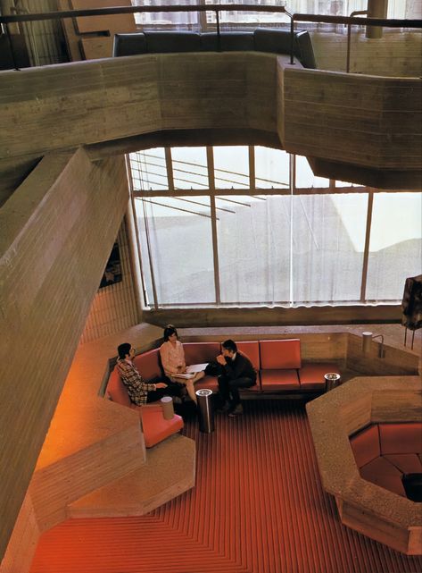 Brutalism Interior, Umass Dartmouth, Brutalist Interior, 70s Architecture, Tranquility Base, 80s Interior Design, Paul Rudolph, San Myshuno, 80s Interior