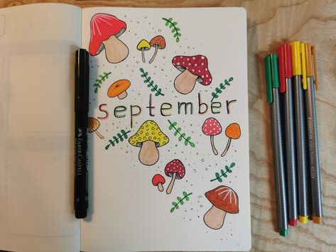 Mushroom Bujo Cover, September Bullet Journal Cover Easy, Mushroom Bullet Journal Theme, Bullet Journal Mushroom Theme, Mushroom Bujo, Journal September Cover, September Bujo Cover, September Drawings, Mushroom Bullet Journal