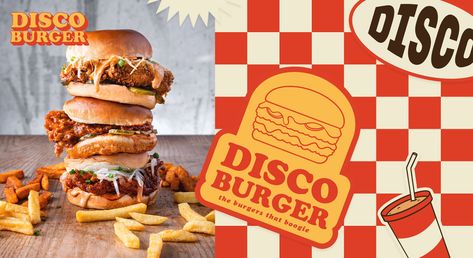 Disco Burger - Vintage Fast Food Branding on Behance Fast Food Branding, Food Logo Ideas Creative, Vintage Fast Food, Food Logo Ideas, Logo Ideas Creative, Burger Branding, Vintage Food Posters, 50 Logo, Burger Restaurant