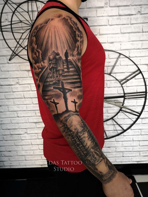 Half Sleeve Bicep Tattoo For Men, Jesus Arm Tattoo Sleeve, Reglious Tattoos Sleeve, Christian Half Sleeve Tattoo, Inside Bicep Tattoo Men Half Sleeves, Memorial Sleeve Tattoo For Men, Christian Leg Sleeve Tattoos, God Sleeve Tattoos For Men, Christian Tattoo Sleeve Ideas For Men